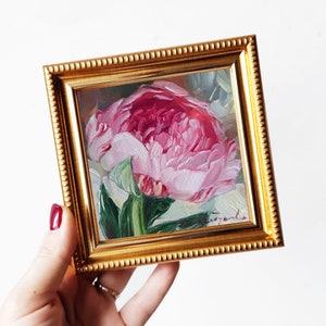 Peony original oil painting framed, Small painting pink flowers, Unique peony wall art, Floral art Valentines day gift for women