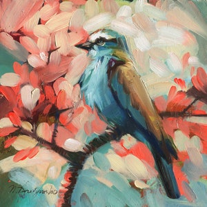 Bird oil painting, Original art Birds Painting, Birdie illustration, Colorful birding art, Birds on branch, Blue Pink art