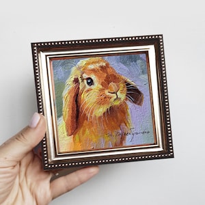 Cute rabbit painting original oil framed 4x4, Small framed artwork rabbit man wall art, Bunny illustration art gift for friend