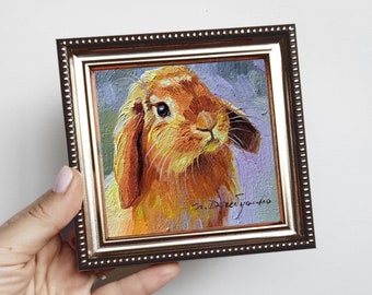 Niedliche Kaninchen Malerei original Öl gerahmt 4x4, kleine gerahmte Kunstwerk Kaninchen Mann Wandkunst, Hase Illustration Kunst Geschenk für Freund