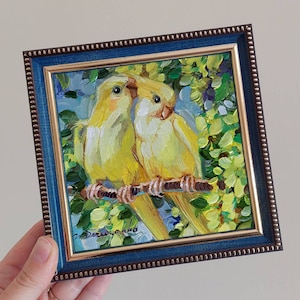 Two yellow parrot birds painting original oil art framed 5x5 inch, Love art gift for anniversary