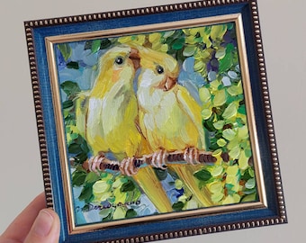 Two yellow parrot birds painting original oil art framed 5x5 inch, Love art gift for anniversary