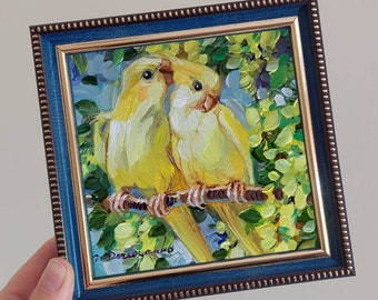 Two yellow parrot birds painting original oil art framed 5x5 inch, Love art gift for anniversary