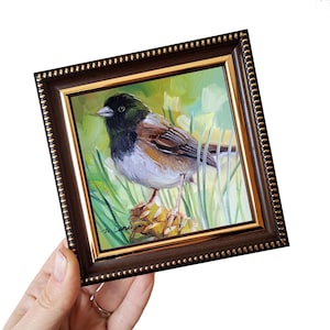 Bird oil painting 4x4 miniature paintings Dark-eyed junco bird on pine cone artwork, Small painting framed, Bird small wall art gift for Dad