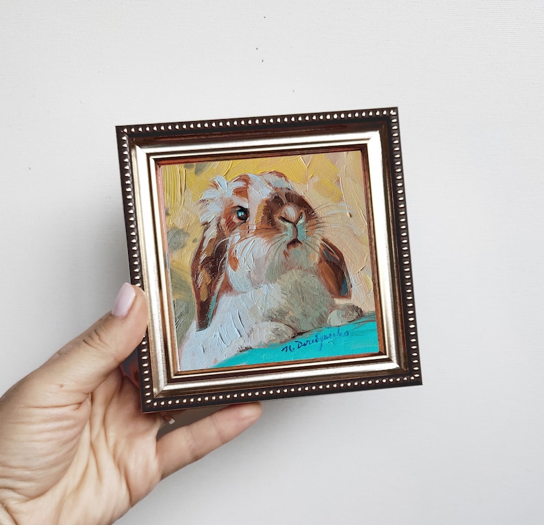 Brown Rabbit Frame Cute Rabbit Oil Painting Original Framed 4x4, Small Framed Art Brown ...