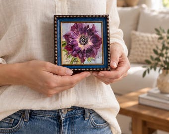 Anemone Original Oil Painting, Purple Flower Art  4x4 inch Birthflower gift