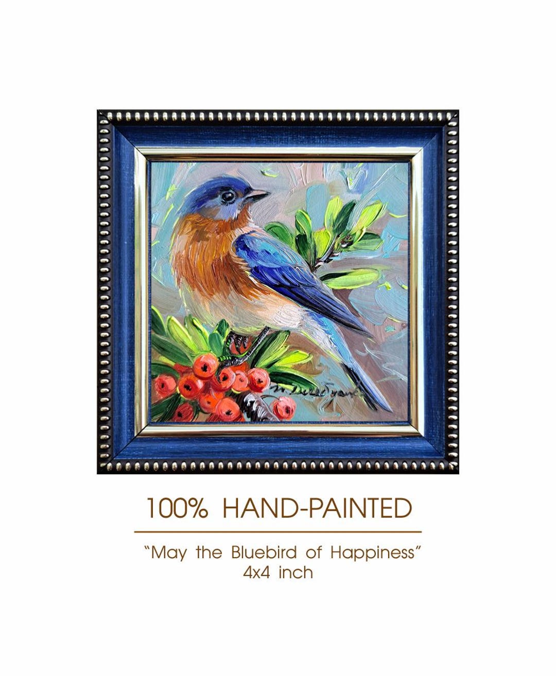 Original Bluebird Oil Painting, Framed Miniature Wall Art, 4x4
