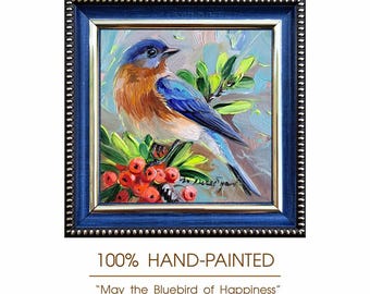 Original Bluebird Oil Painting, Framed Miniature Wall Art, 4x4