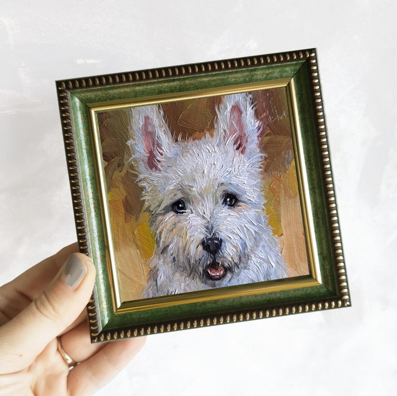 Small dog oil painting original artwork, Custom Pet portrait oil art mini gift White Terrier painting from photo 4x4 in frame 4x4 green frame