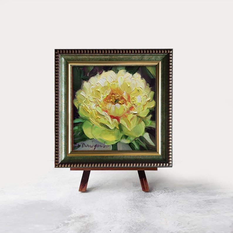 Peinture à l'huile de pivoine originale encadrée 4x4, Petite peinture à l'huile miniature de fleur jaune, Peinture à l'huile florale Cadeau d'anniversaire pour grand-mère frame + easel