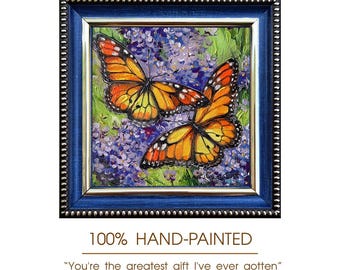 Original Oil Painting Butterflies, Blue Flowers Monarch Art, Framed 5x5 Inch Wall Art