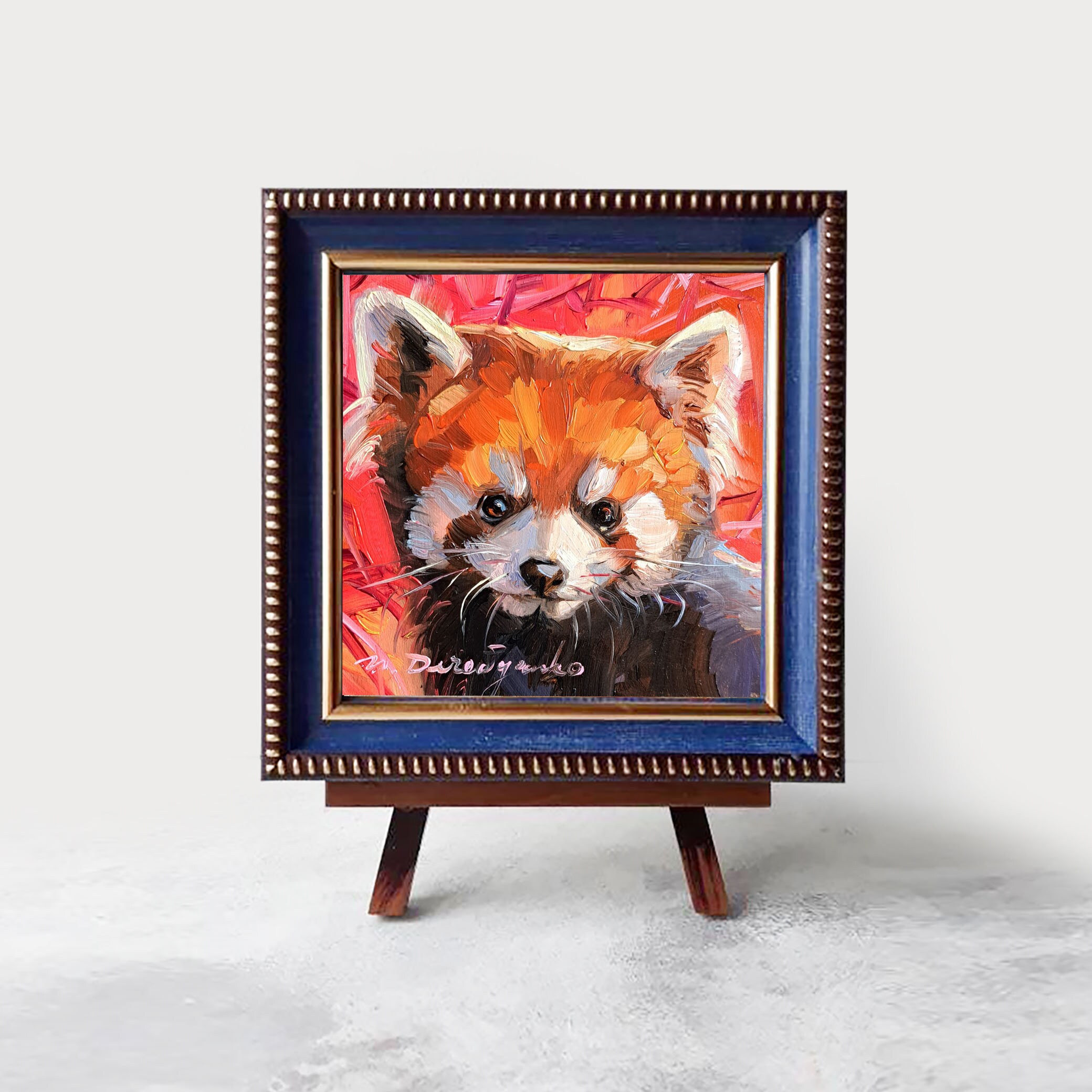 レッサーパンダの絵画オリジナルフレーム 4x4、小さな油絵アートワーク