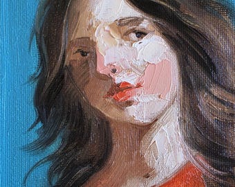Girl Original Oil Painting on Canvas 4x6 in, Ladi in Red Portrait Framed Artwork