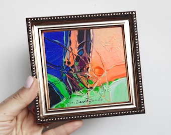 Miniature abstract painting small framed art, Original oil painting Abstract Small wall art tiny Adventure gift