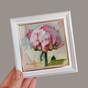 Peony original oil painting framed, Small painting pink flowers, Unique peony wall art, Floral art for women Gift for best friend white frame