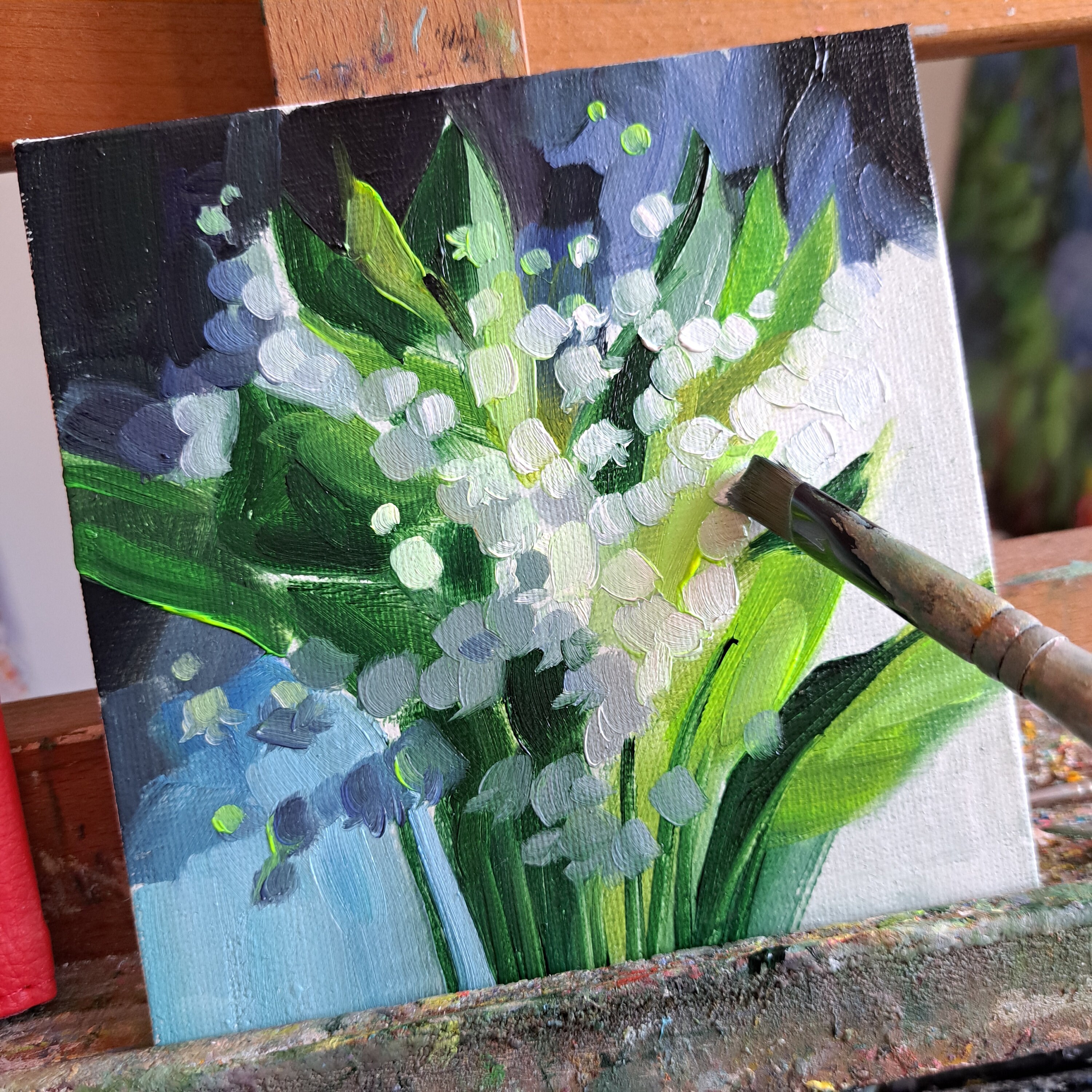 小さな額入り油絵、オリジナルミニ絵画キャンバス5x5、スズランの花の