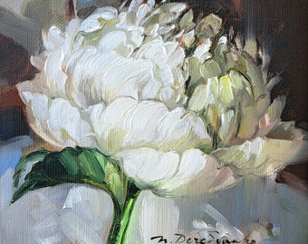 Original Peony Oil Painting on Canvas, White Floral Wall Art (6x6 in)
