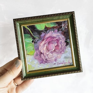バラの花の油絵オリジナルアート、淡い紫のバラの印象派の絵画、女性への誕生日プレゼント
