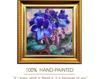 Original African Violet Oil Painting, Framed Floral Wall Art, Miniature Impressionist Artwork