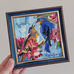 Two bluebirds painting original oil art framed 5x5 inch, Love couple art anniversry gift, Love art gift for Valentine&#39;s day