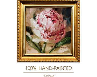 Framed Pink Peony Oil Painting, Original Floral Wall Art (4x4 inch)