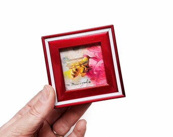 Bee artwork framed oil painting original 2x2, Mini Bee painting oil red, Honey bee wall art decor miniature