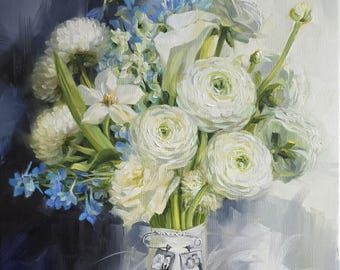 Custom Bridal Bouquet Oil Painting on Canvas, White Floral Anniversary Gift