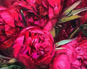 オリジナルの赤い牡丹の油絵、花束の静物画、12x10インチ - Etsy 日本