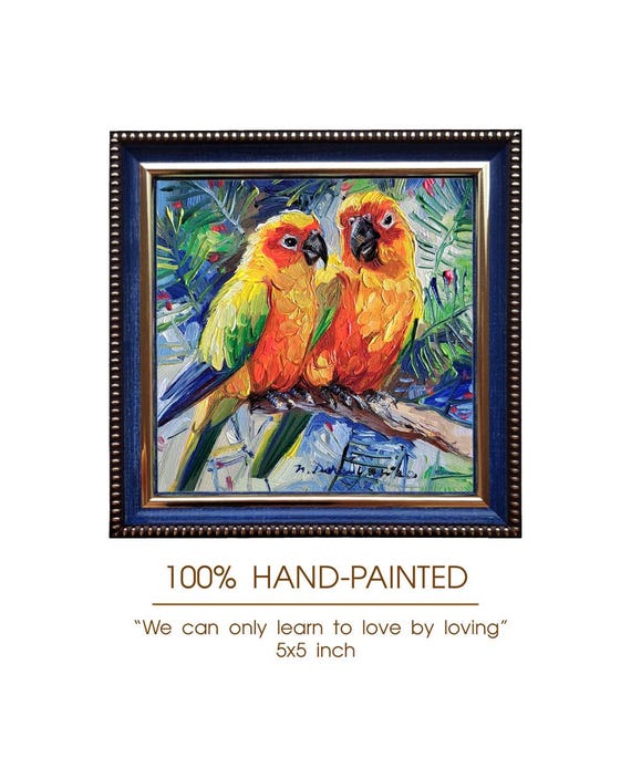 Original Oil Painting, Framed Parrot Couple Art, 5x5 Inch