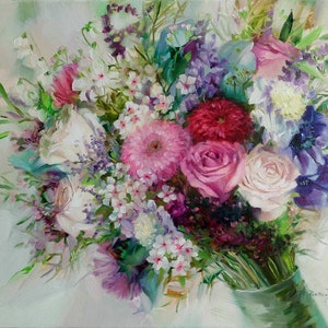 Bridal bouquet painting from photo, Floral oil paintings on canvas original, Custom wedding bouquet painting
