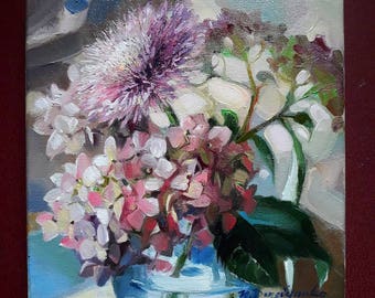 アジサイの油絵、花の印象派アート作品、8x8 - Etsy 日本
