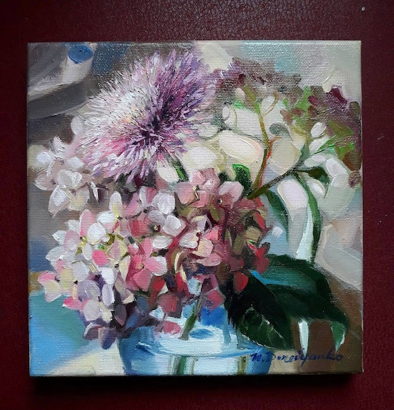 油絵「花」 アジサイの油絵、花の印象派アート作品、8x8 - Etsy 日本