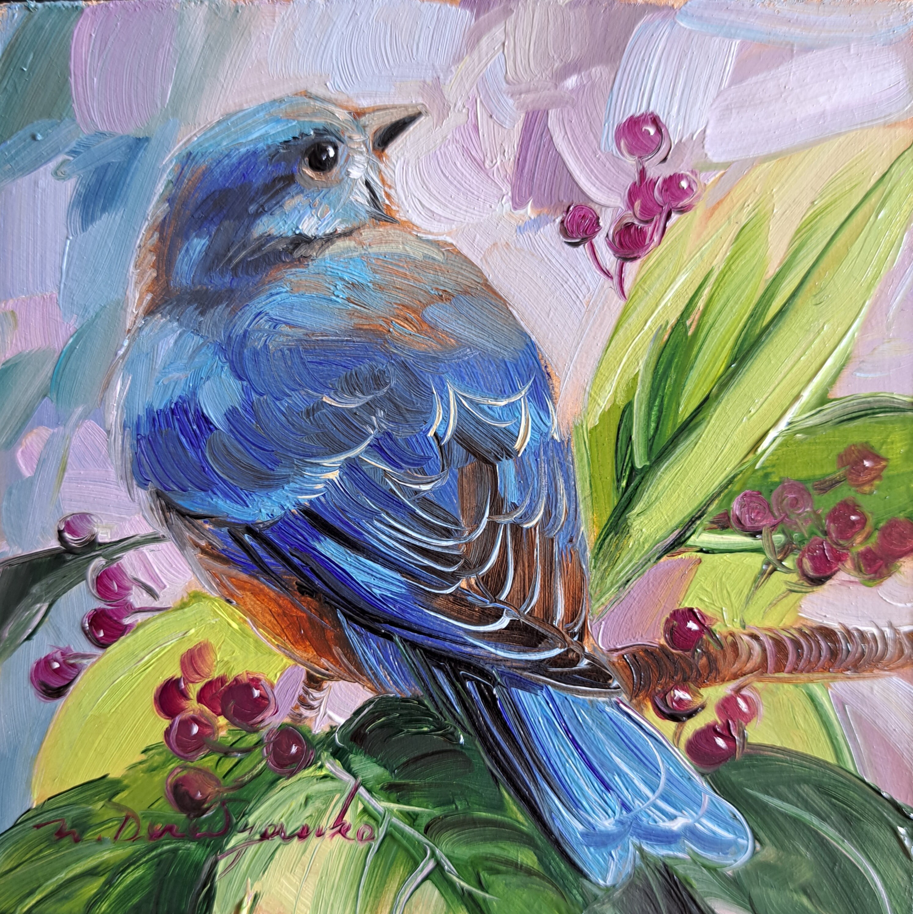 Original Bluebird Oil Painting, Framed Miniature Wall Art