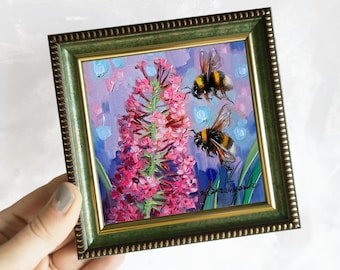 Hommel arte pittura originale piccola arte incorniciata, coppia regalo idee anniversario fiori altviool pittura, kroonlijst dell'ape