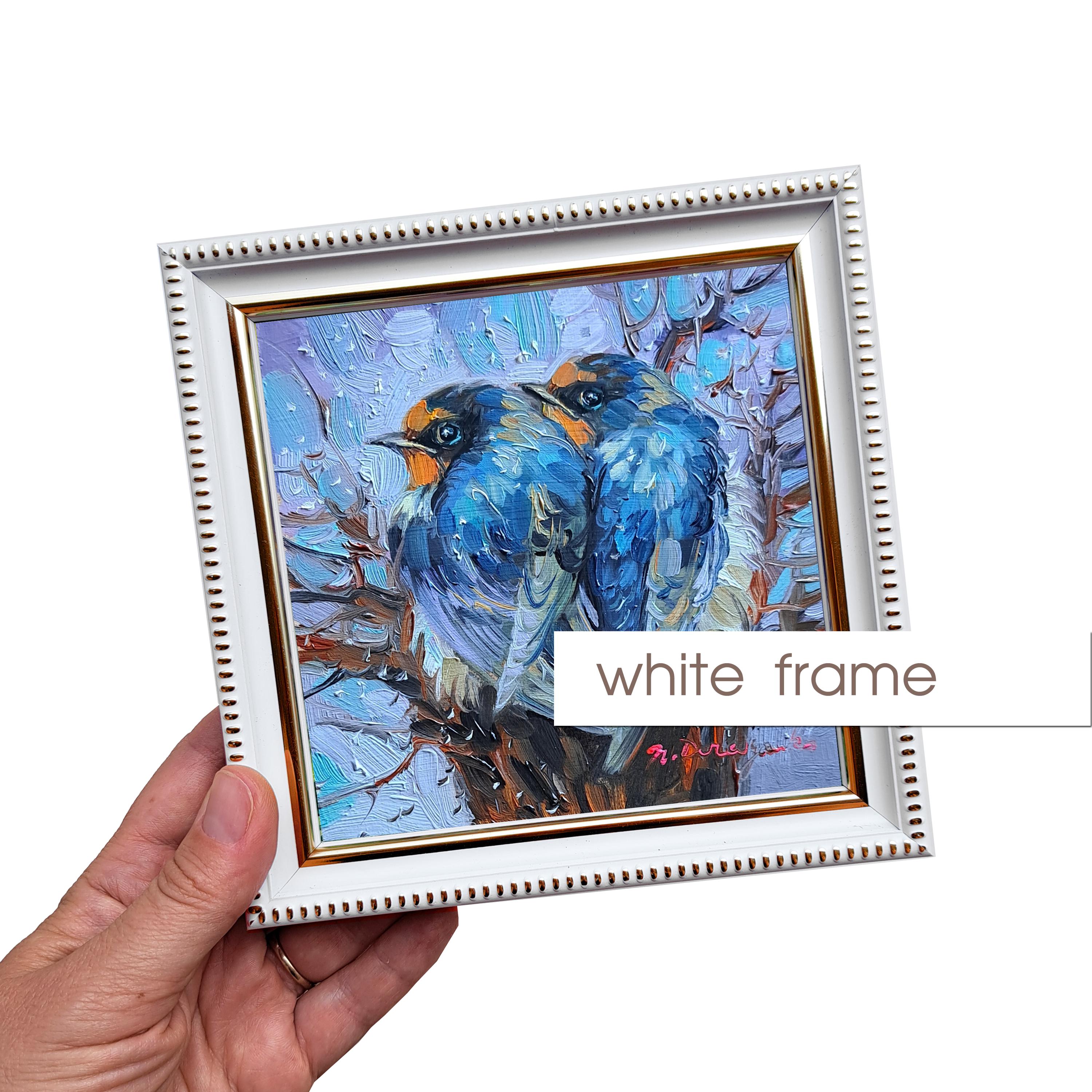オリジナル油絵、ツバメのカップルアート、額装済み 5 x 5インチ
