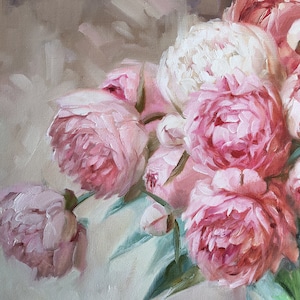 Peony painting, Oil painting original, Large floral paintings on canvas original, Peonies in glass painting, Wide canvas wall art decor image 5