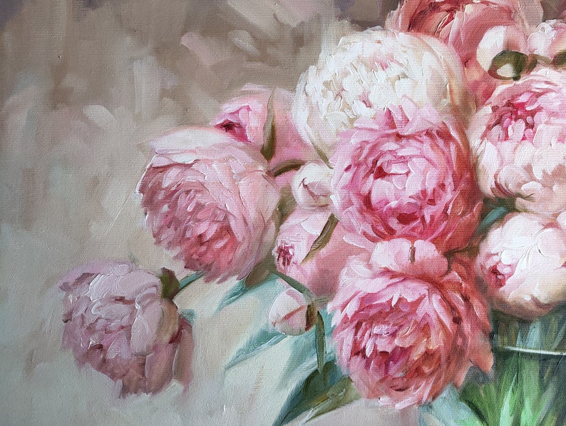 Peony painting, Oil painting original, Large floral paintings on canvas original, Peonies in glass painting, Wide canvas wall art decor image 5