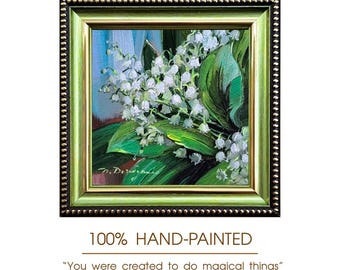 Lily of the Valley Oil Painting 4x4 Inch, Floral Artwork, Framed Miniature Art