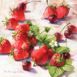 Fruit art painting original oil, Strawberry Cherry painting frame Still life For her, Kitchen home decor