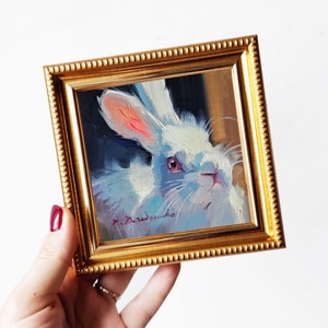 Cute rabbit oil painting original art 4x4, Animal oil painting in frame, Nursery wall art white rabbit lover gift Easter