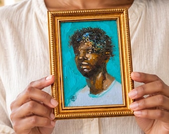 Original Male Oil Portrait Mini 4x6 inch Painting Textured Figurative Art, Turquoise Background on Canvas, Frame Options