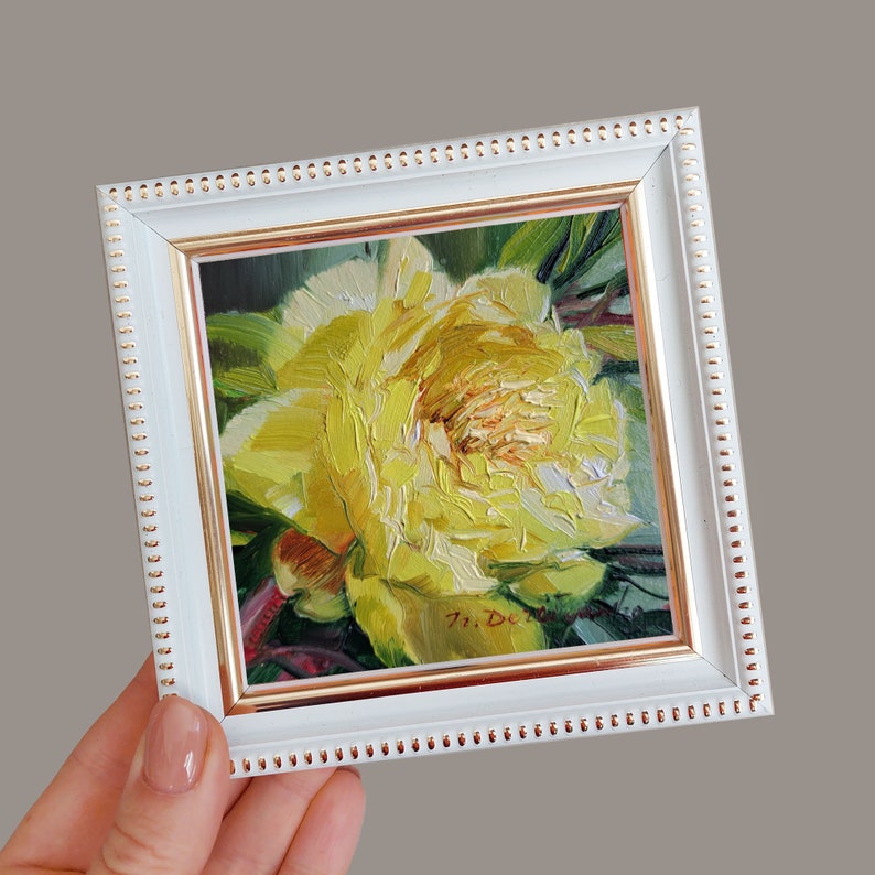 Peony flower oil painting original art, Floral painting yellow peony artwork impressionist, Birthday gift for women white frame inches