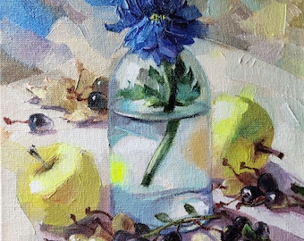Blue flower oil painting original art Floral painting Apples Unique artwork Still life painting Anniversary gift For her, Small painting