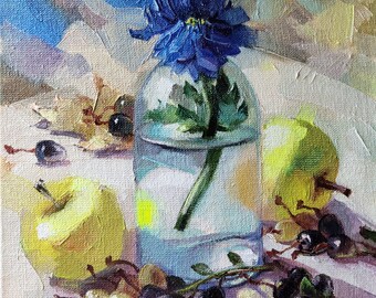 Blue flower oil painting original art Floral painting Apples Unique artwork Still life painting Anniversary gift For her, Small painting