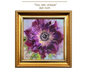 Anemone Original Oil Painting, Purple Flower Art  4x4 inch Birthflower gift