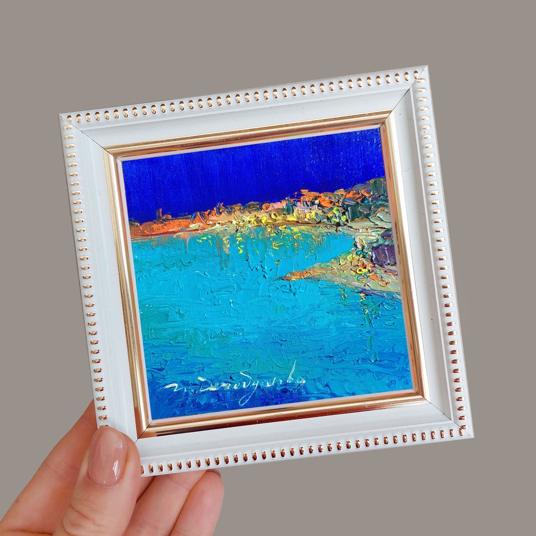 Abstract Art Original in Frame 4x4, Small Art Painting Seascape Tiny