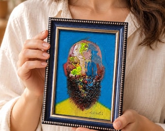 Original Abstract Male Oil Painting, 4x6" Miniature Impasto Art Figurative, Framed Bearded Man Portrait, Christmas Gift For Brother