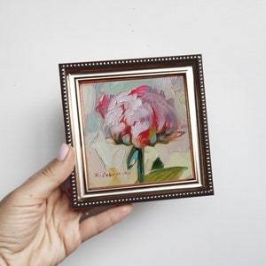 Peony original oil painting framed, Small painting pink flowers, Unique peony wall art, Floral art for women Gift for best friend silvergold frame