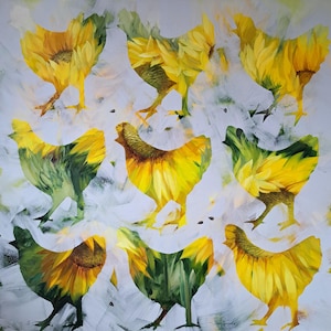 Sunflowers oil painting large floral artwork on canvas original, Yellow flowers wall art decor Easter gift, Bird chicken painting