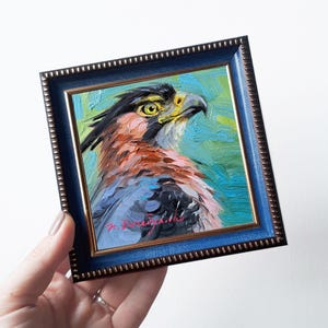 Eagle bird painting original 4x4, Miniature paintings oil birds wall art, Small oil paintings framed art bird tiny art Gift for Dad